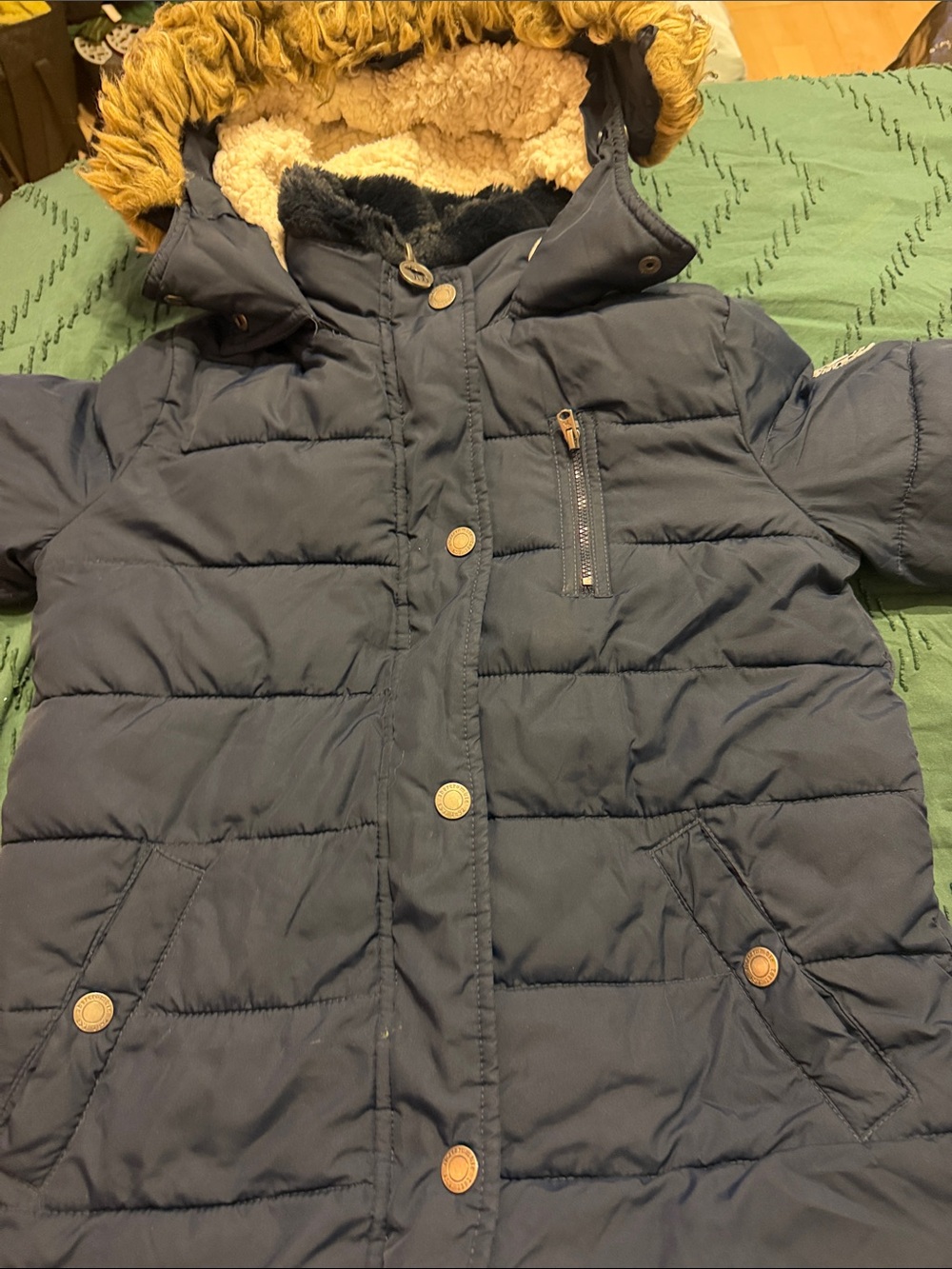 abercrombie kids Navy Blue Quilted Puffer Coat with Faux-Fur Trim